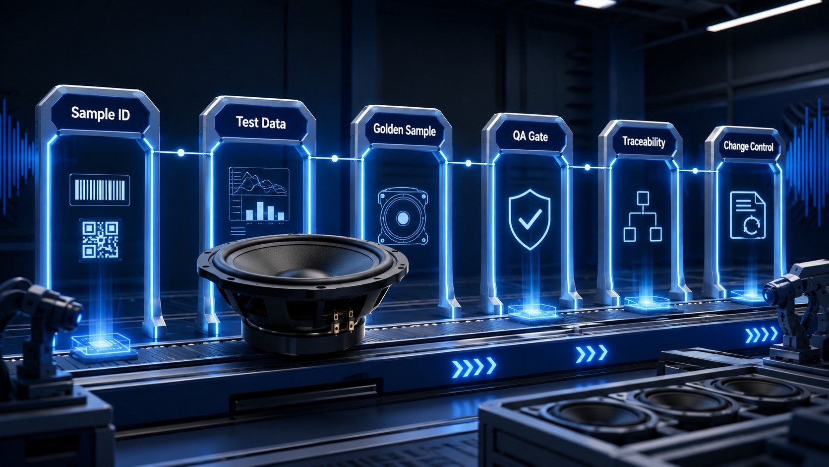 Subwoofer moving through evidence gates for sample ID, test data, QA, traceability, and change control.
