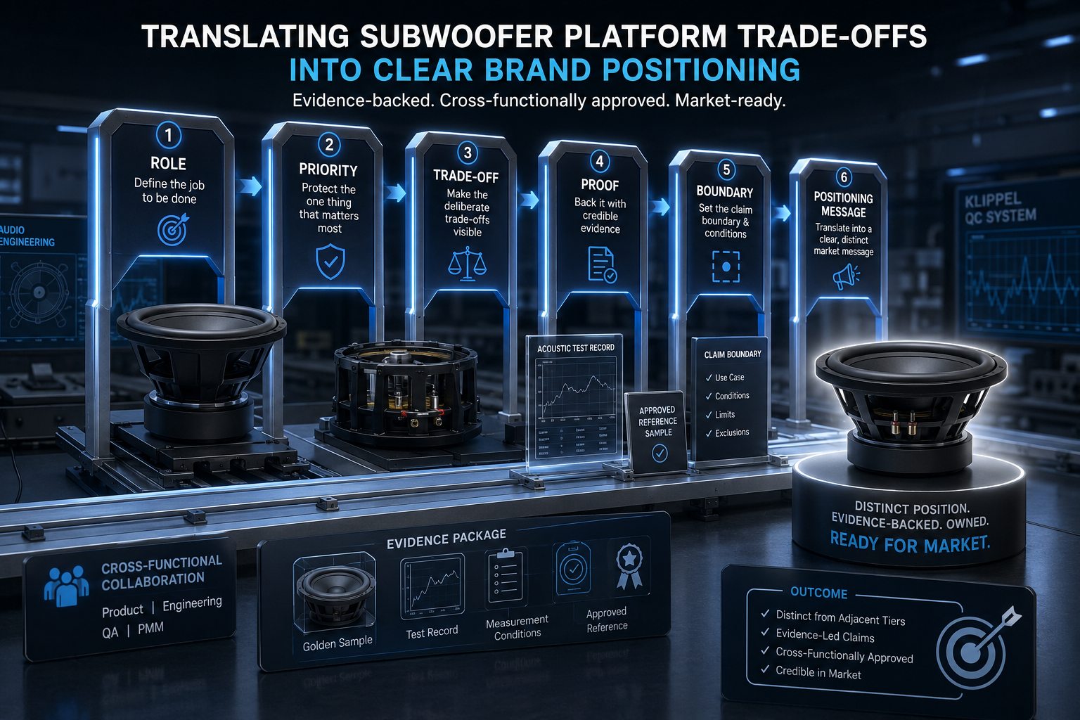 Subwoofer platform moving through six evidence gates from role definition to market positioning in an engineering lab.