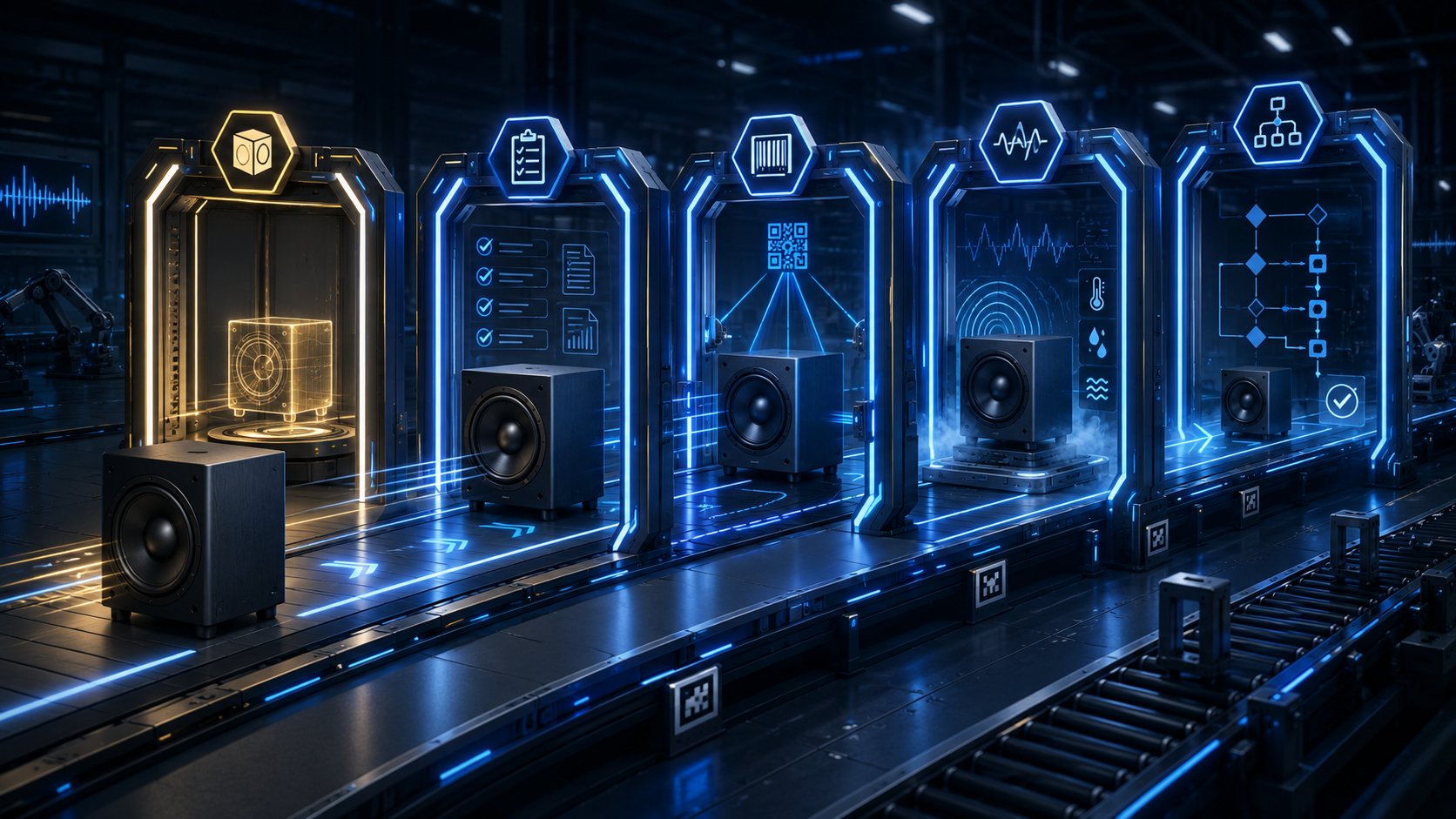 Subwoofer moving through five illuminated quality-control gates in a futuristic factory inspection line.