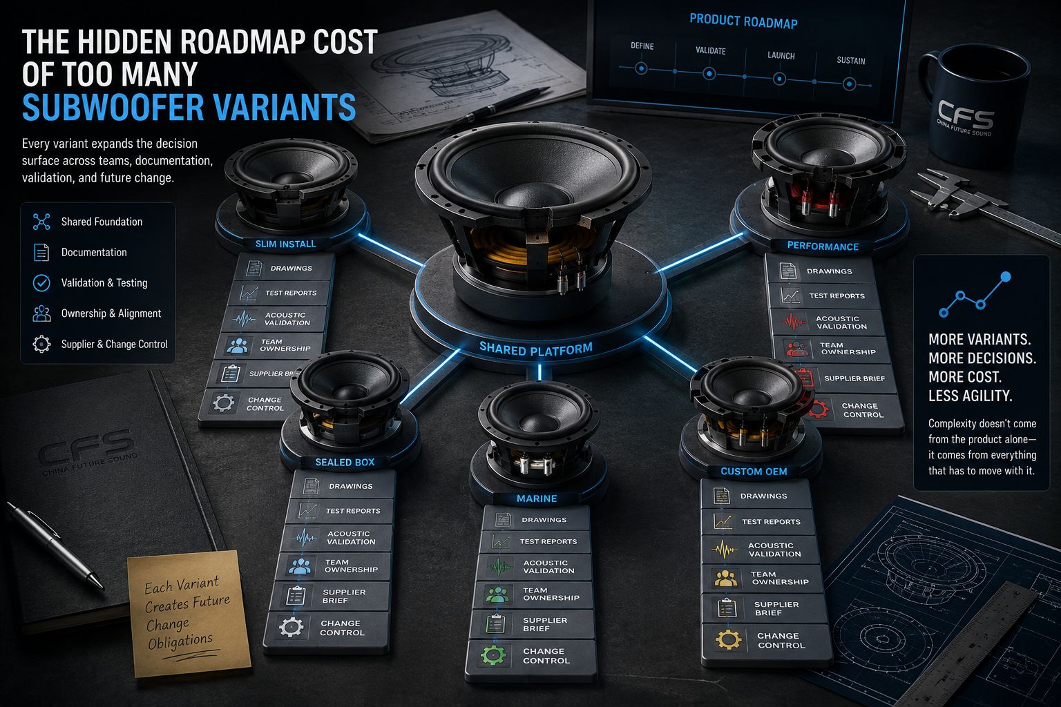 Central subwoofer platform branches into variants, each adding validation, documentation, ownership, and change control.