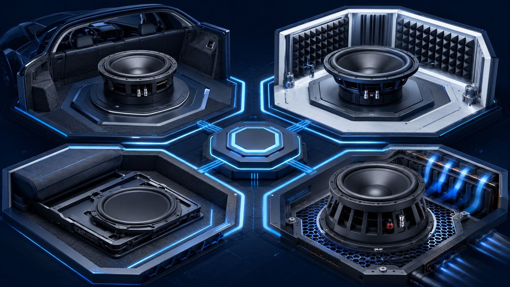 Four subwoofer platform designs shown in connected bays for core, SQ, slim, and high-power architecture.