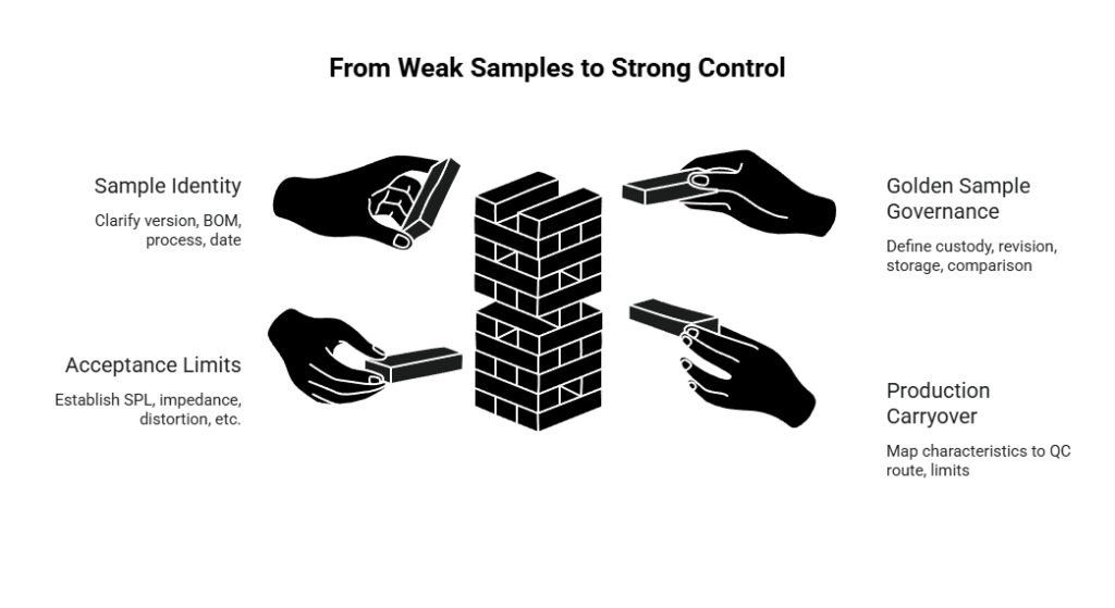 Diagram showing weak subwoofer sample controls becoming stronger through sample identity, acceptance limits, golden sample governance, and production carryover.