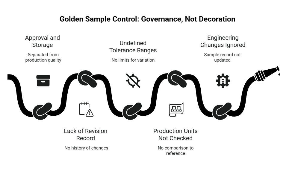 Golden sample control diagram showing governance risks, including poor storage, missing revision records, undefined tolerances, unchecked units, and ignored changes.