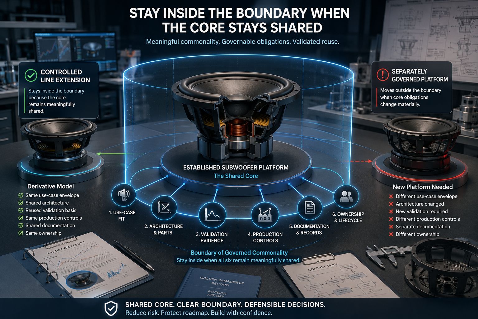 Subwoofer platform inside a governed boundary, contrasted with a derivative model and a separately managed new platform.