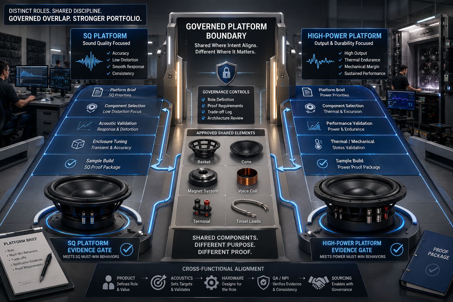 Parallel SQ and high-power subwoofer development lanes pass through a shared governance and evidence boundary.