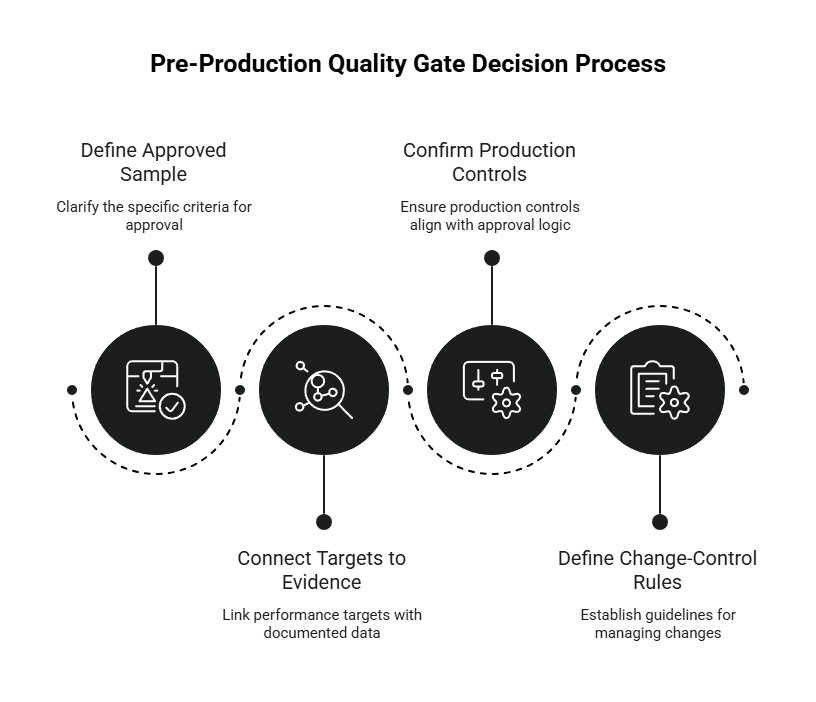 Pre-production quality gate process showing approved sample definition, target-to-evidence links, production control confirmation, and change-control rules.