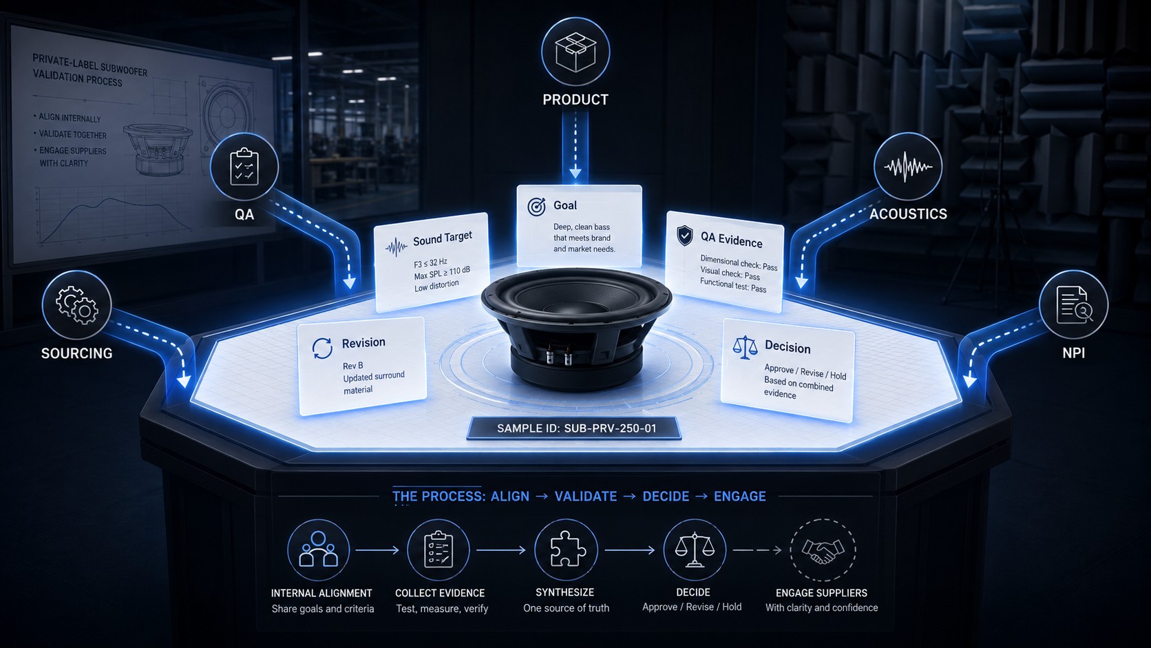Subwoofer on a glowing validation table with Product, QA, Sourcing, Acoustics, and NPI inputs converging.
