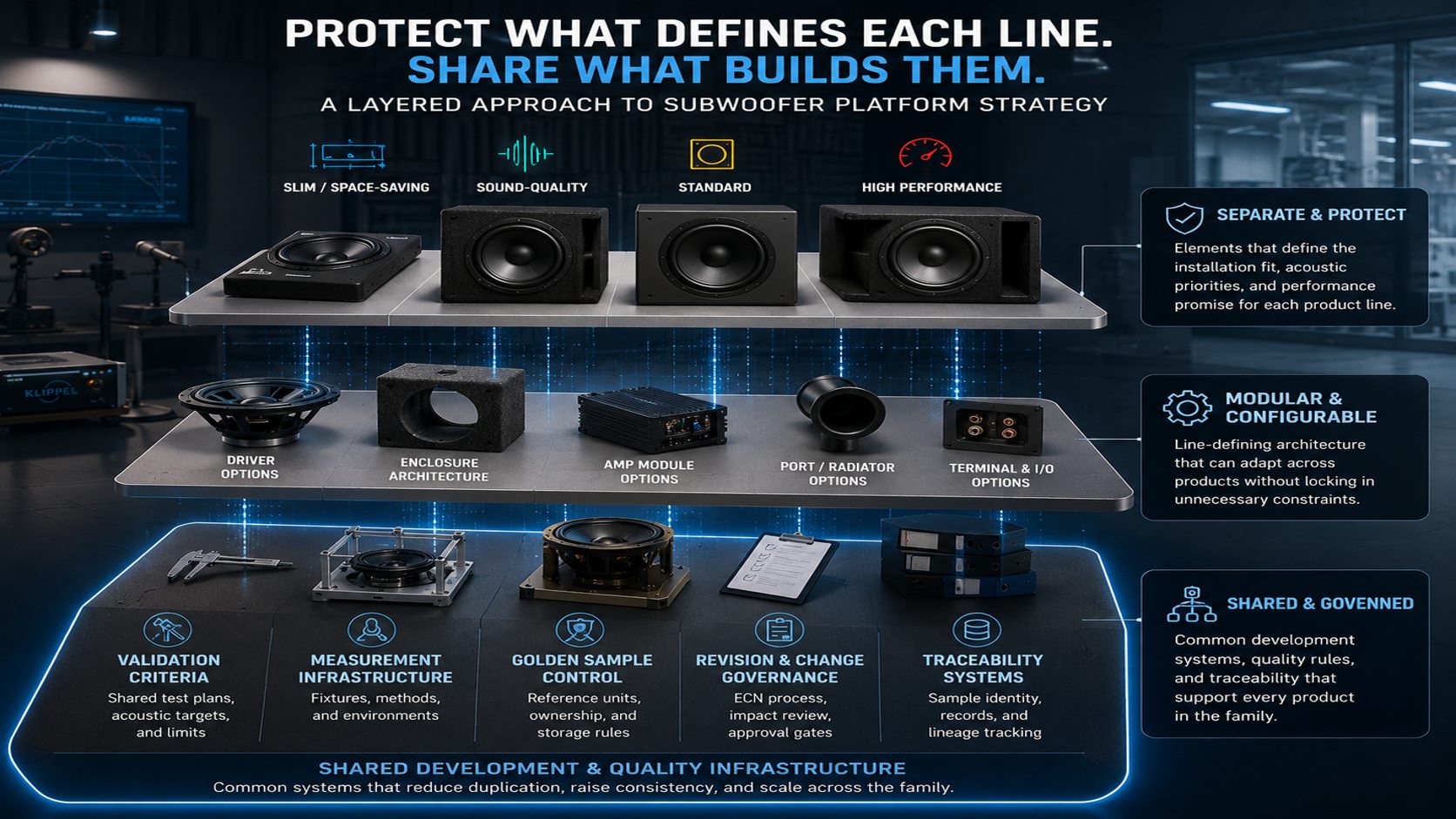 Layered subwoofer platform showing shared quality systems, modular components, and four differentiated product lines.