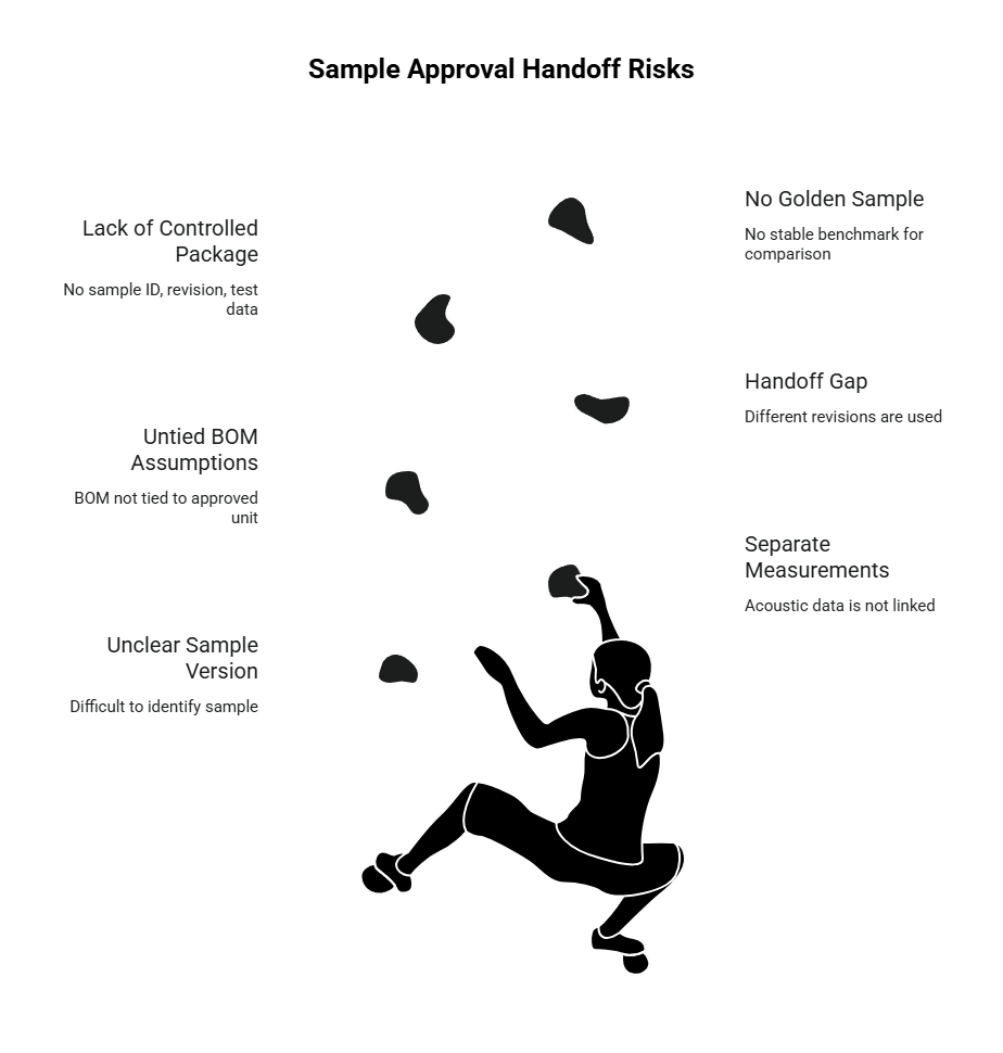 Sample approval handoff risks diagram showing weak package control, untied BOM assumptions, unclear versions, missing golden samples, handoff gaps, and separate measurements.
