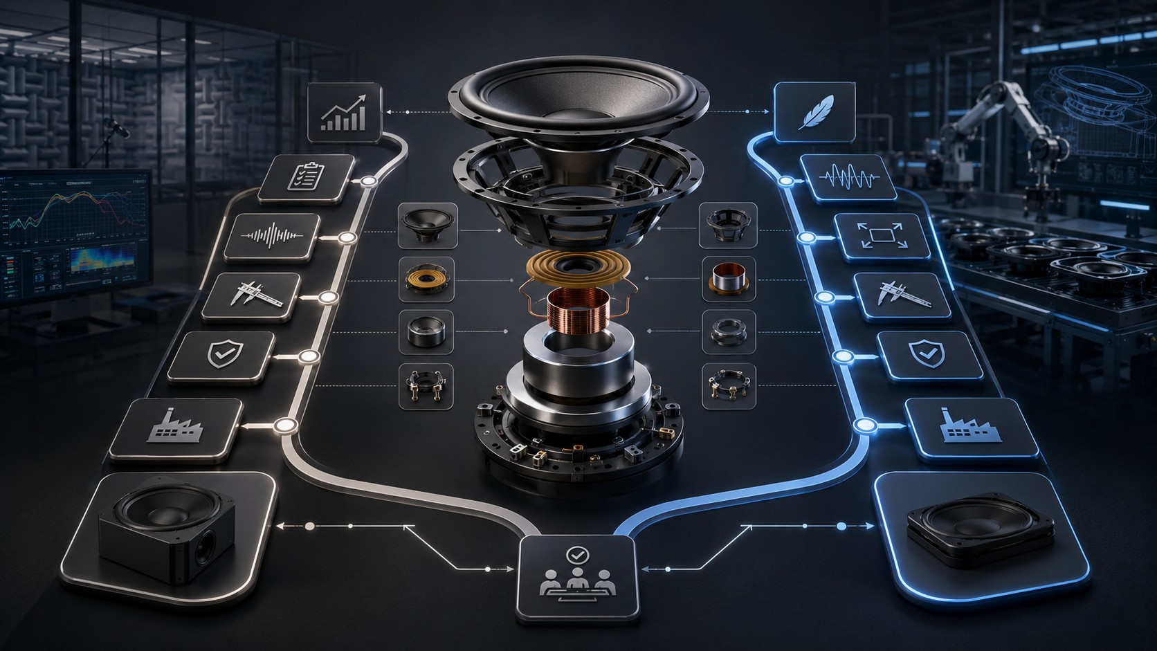 Exploded subwoofer architecture connecting shared components to separate standard and slim product control tracks.