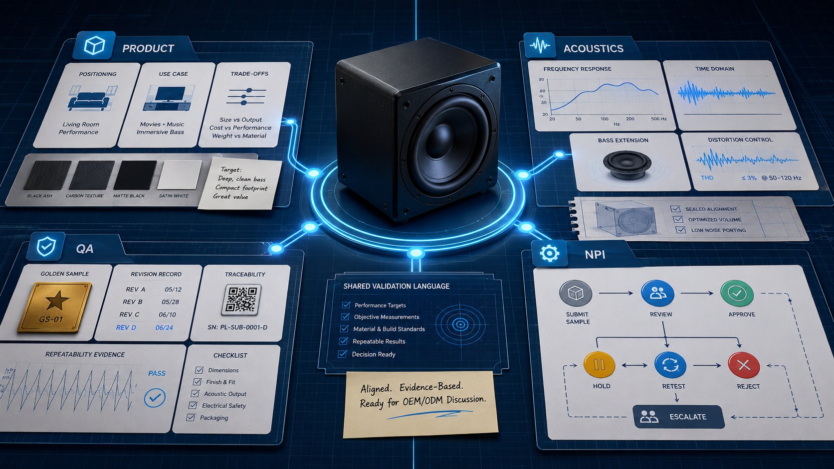 Subwoofer on a shared validation table with Product, Acoustics, QA, and NPI review panels.