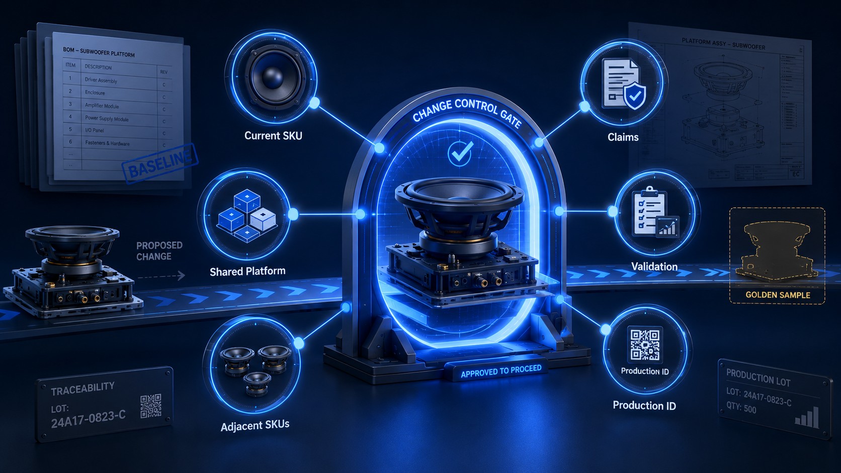Subwoofer change-control gate linking six review checks to baseline, validation, claims, and production identity.