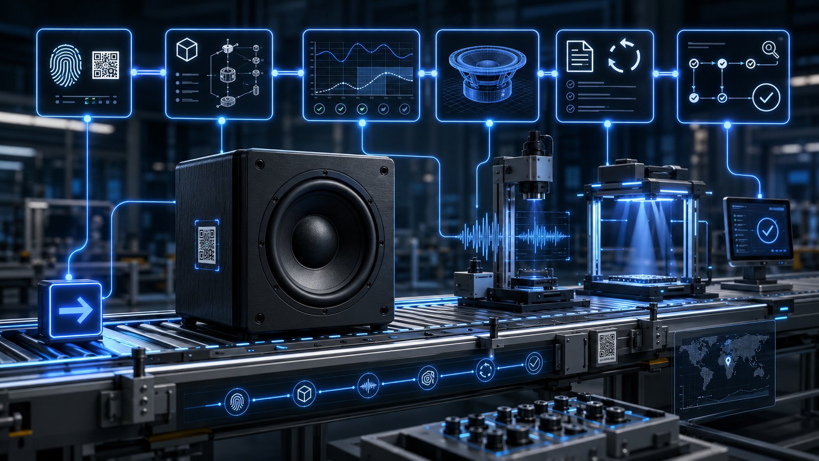 Subwoofer on a technical production line connected to evidence panels for sample ID, acoustic data, QC, and traceability.