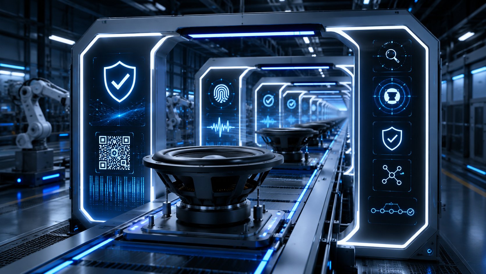 Subwoofer moving through illuminated quality-control gates on a futuristic factory assembly line.