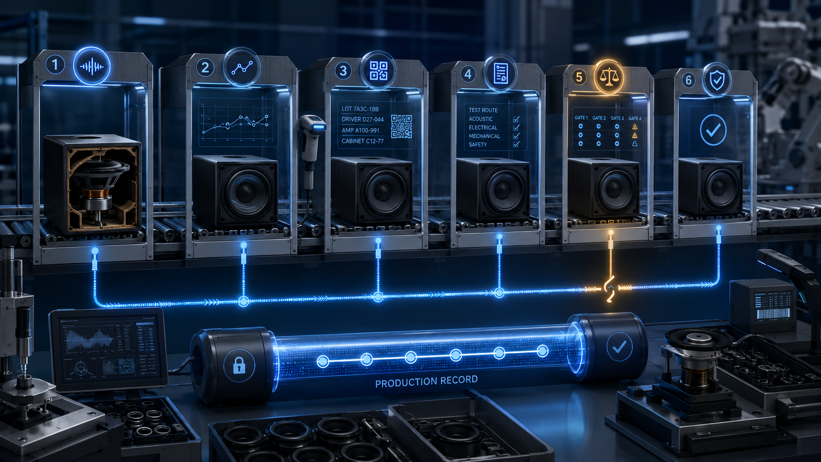 Six linked subwoofer quality gates feed a production record, with one amber exception in the evidence chain.
