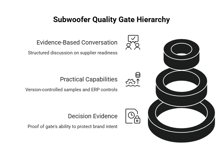 Subwoofer quality gate hierarchy diagram showing evidence-based conversation, practical capabilities, and decision evidence as stacked approval layers.