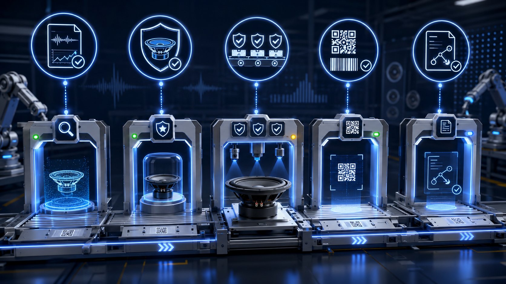 Subwoofer moving through illuminated supplier quality gates with validation, traceability, and change-control checkpoints.