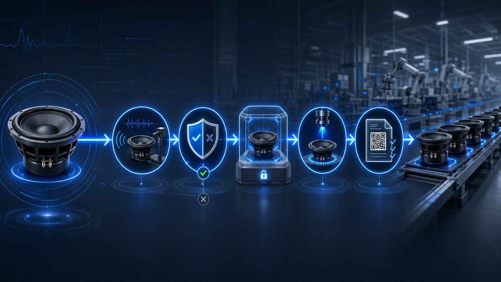 Subwoofer validation evidence chain from sample testing to QC routing and traceable production records.