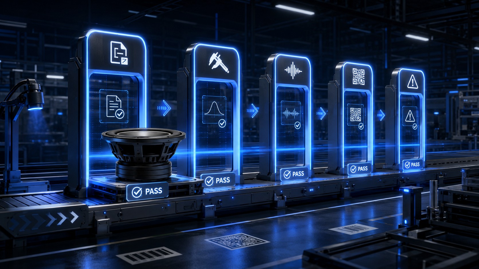 Subwoofer moves through five glowing quality gates on a factory line showing inspection, traceability, and control.