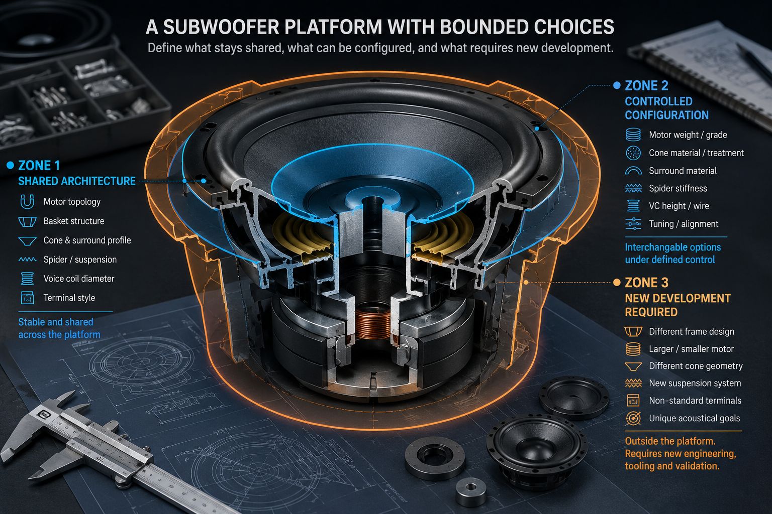 Cutaway subwoofer showing shared architecture, controlled options, and components requiring new development.