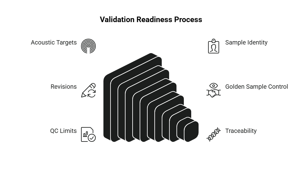 Validation readiness diagram showing acoustic targets, revisions, QC limits, sample identity, golden sample control, and traceability around a stepped process.