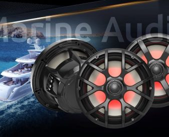 marine audio Marine Audio speakers with LED lighting and waterproof design against ocean yacht background